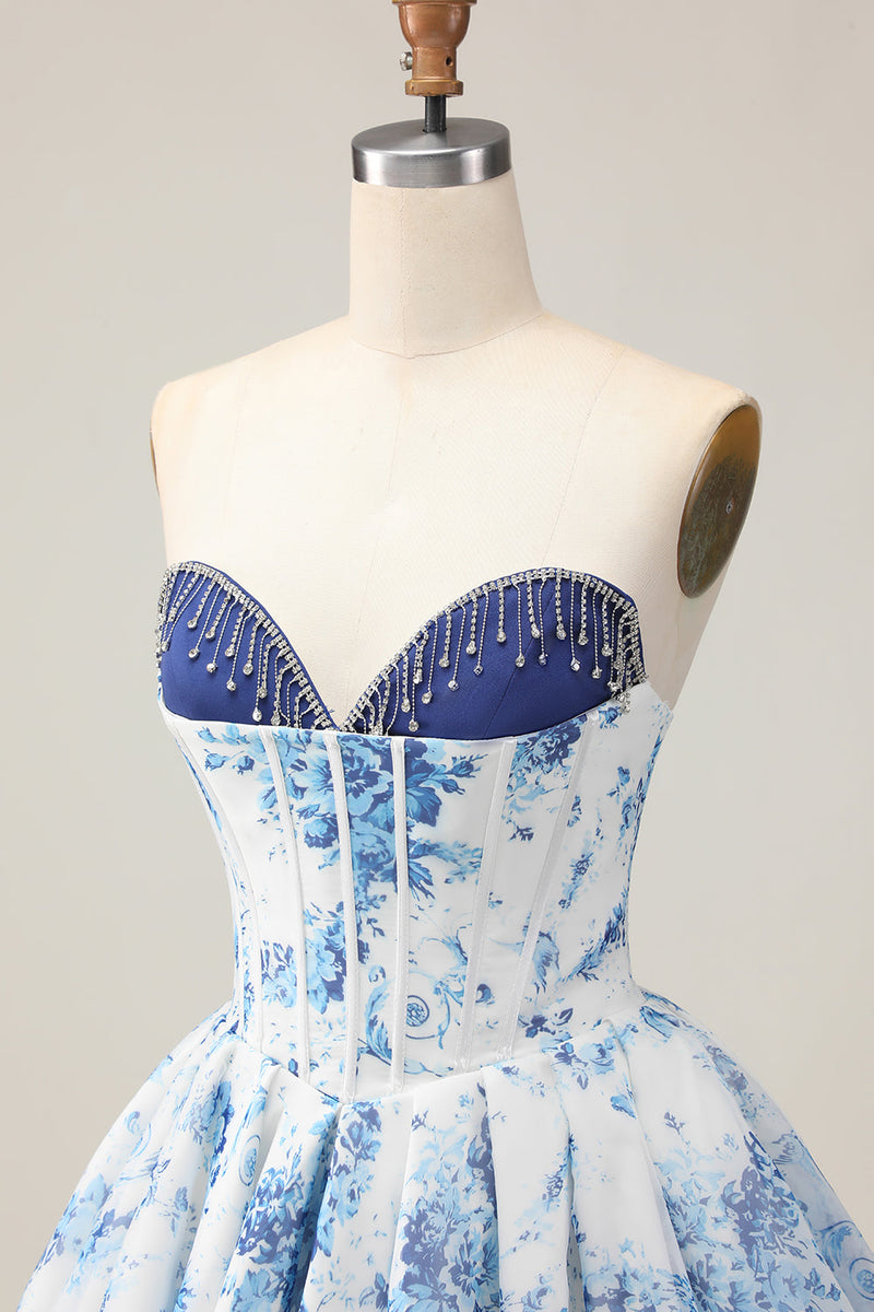 Load image into Gallery viewer, Sparkly Floral White and Blue A Line Beaded Short Corset Homecoming Dress