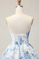 Load image into Gallery viewer, Sparkly Floral White and Blue A Line Beaded Short Corset Homecoming Dress