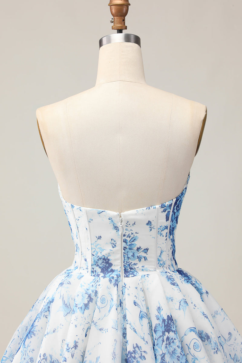 Load image into Gallery viewer, Sparkly Floral White and Blue A Line Beaded Short Corset Homecoming Dress