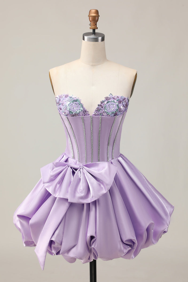 Load image into Gallery viewer, Sparkly Purple A Line Satin Beaded Short Corset Homecoming Dress with Bow