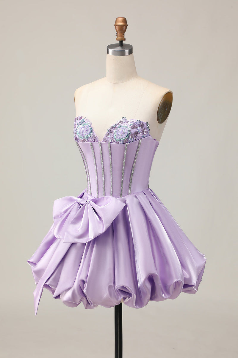 Load image into Gallery viewer, Sparkly Purple A Line Satin Beaded Short Corset Homecoming Dress with Bow