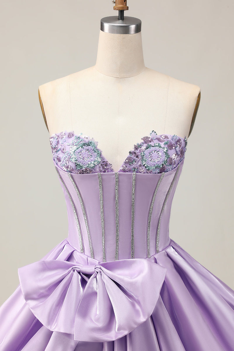 Load image into Gallery viewer, Sparkly Purple A Line Satin Beaded Short Corset Homecoming Dress with Bow