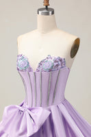 Load image into Gallery viewer, Sparkly Purple A Line Satin Beaded Short Corset Homecoming Dress with Bow