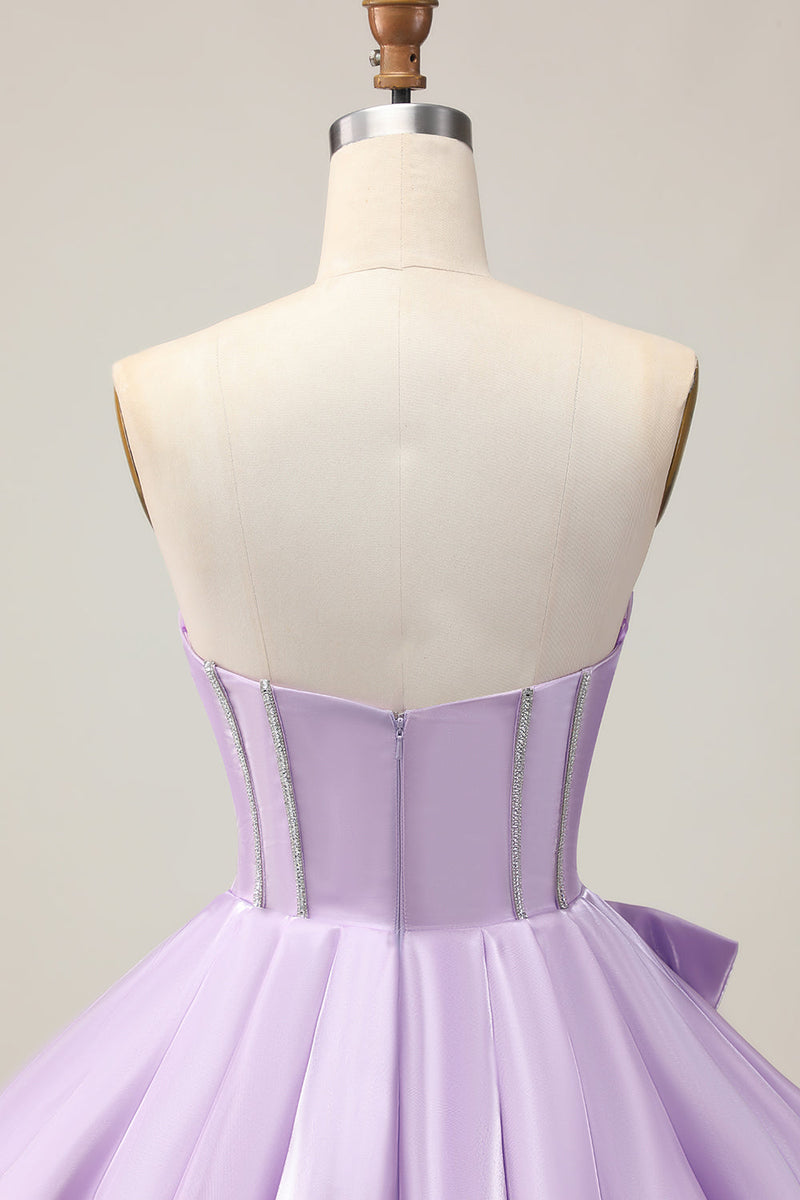 Load image into Gallery viewer, Sparkly Purple A Line Satin Beaded Short Corset Homecoming Dress with Bow