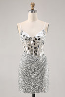 Load image into Gallery viewer, Sparkly Silver V-Neck Short Sequins Corset Mirror Homecoming Dress