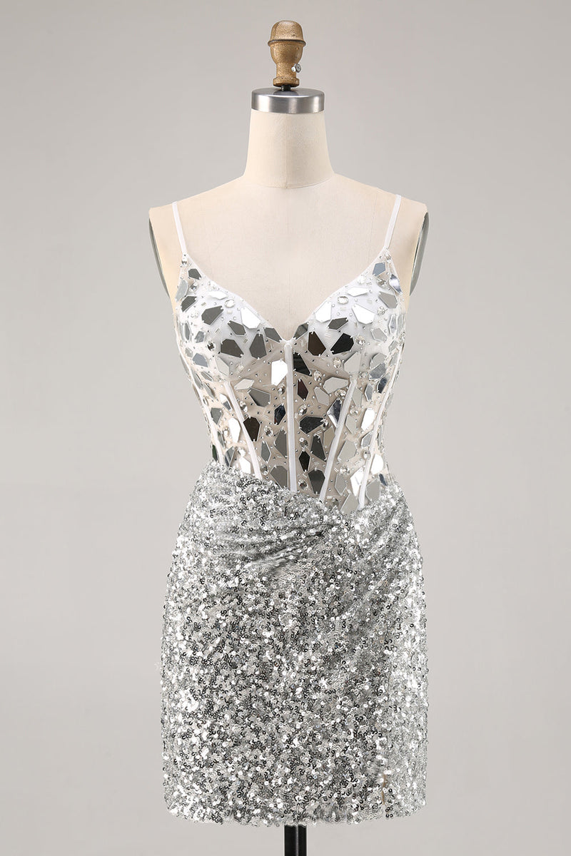 Load image into Gallery viewer, Sparkly Silver V-Neck Short Sequins Corset Mirror Homecoming Dress