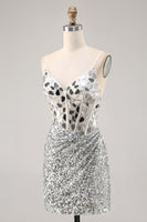 Load image into Gallery viewer, Sparkly Silver V-Neck Short Sequins Corset Mirror Homecoming Dress