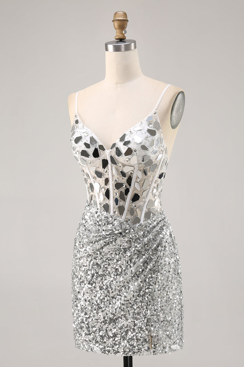 Load image into Gallery viewer, Sparkly Silver V-Neck Short Sequins Corset Mirror Homecoming Dress