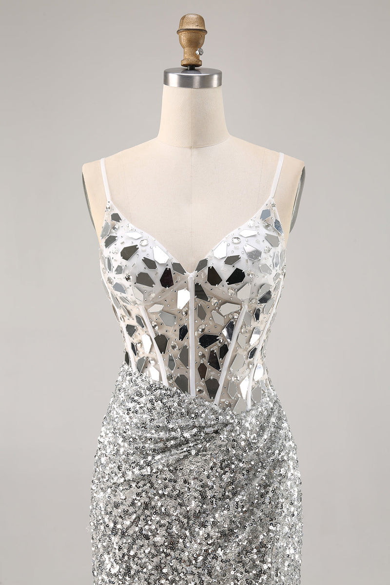 Load image into Gallery viewer, Sparkly Silver V-Neck Short Sequins Corset Mirror Homecoming Dress