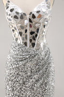 Load image into Gallery viewer, Sparkly Silver V-Neck Short Sequins Corset Mirror Homecoming Dress