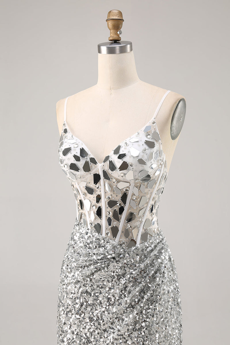 Load image into Gallery viewer, Sparkly Silver V-Neck Short Sequins Corset Mirror Homecoming Dress