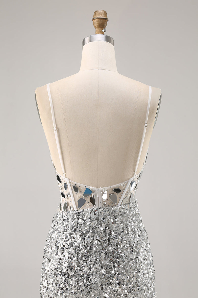Load image into Gallery viewer, Sparkly Silver V-Neck Short Sequins Corset Mirror Homecoming Dress