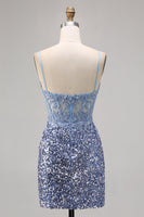 Load image into Gallery viewer, Sparkly Grey Blue Short Corset Tight Sequins Homecoming Dress with Slit