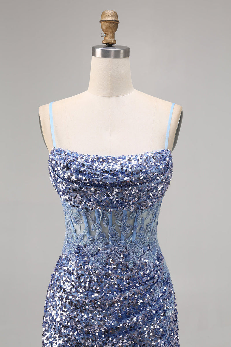 Load image into Gallery viewer, Sparkly Grey Blue Short Corset Tight Sequins Homecoming Dress with Slit