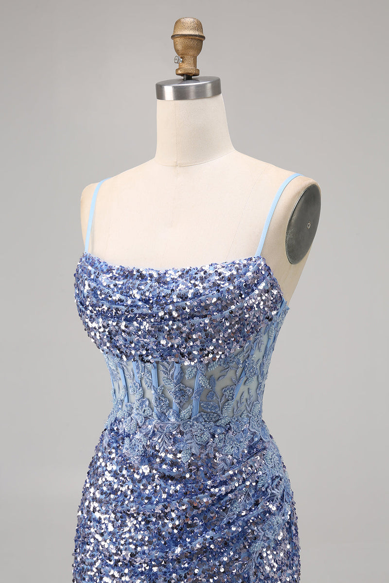 Load image into Gallery viewer, Sparkly Grey Blue Short Corset Tight Sequins Homecoming Dress with Slit