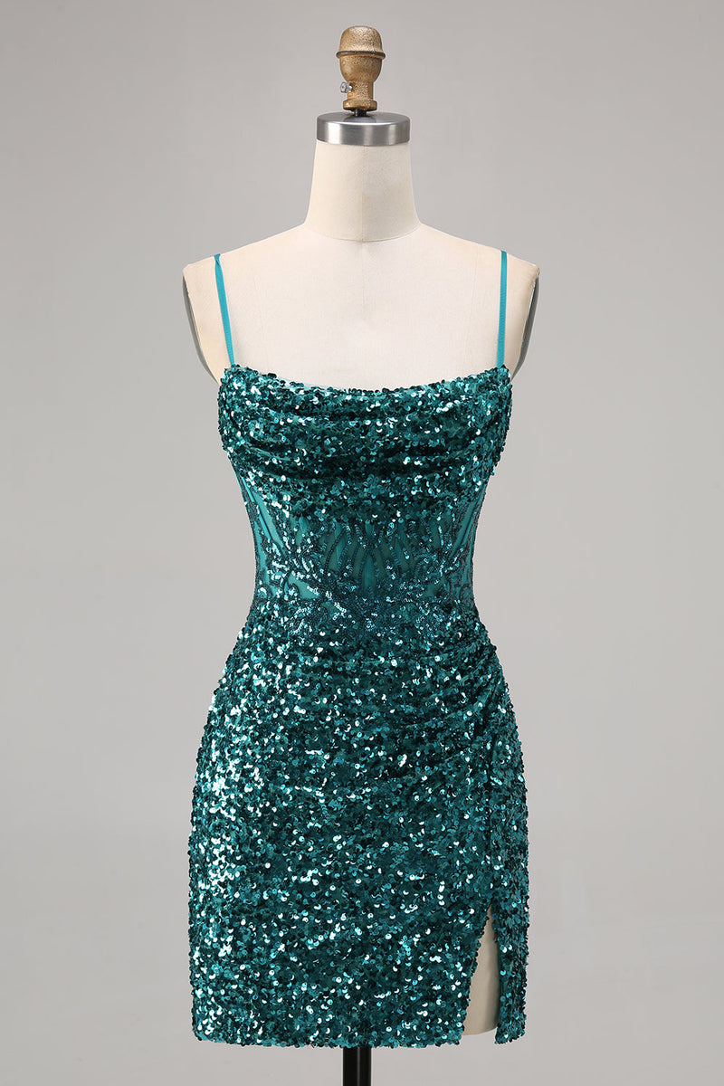 Load image into Gallery viewer, Sparkly Grey Blue Short Corset Tight Sequins Homecoming Dress with Slit
