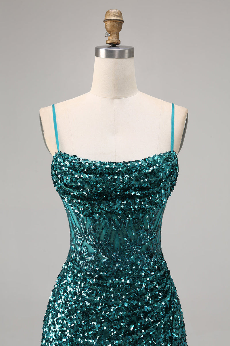 Load image into Gallery viewer, Sparkly Grey Blue Short Corset Tight Sequins Homecoming Dress with Slit