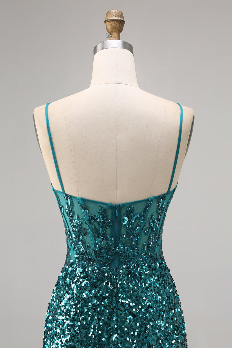Load image into Gallery viewer, Sparkly Grey Blue Short Corset Tight Sequins Homecoming Dress with Slit