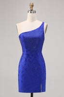 Load image into Gallery viewer, Sparkly Royal Blue Short One Shoulder Tight Homecoming Dress with Slit