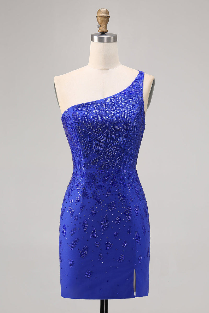 Load image into Gallery viewer, Sparkly Royal Blue Short One Shoulder Tight Homecoming Dress with Slit