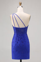 Load image into Gallery viewer, Sparkly Royal Blue Short One Shoulder Tight Homecoming Dress with Slit