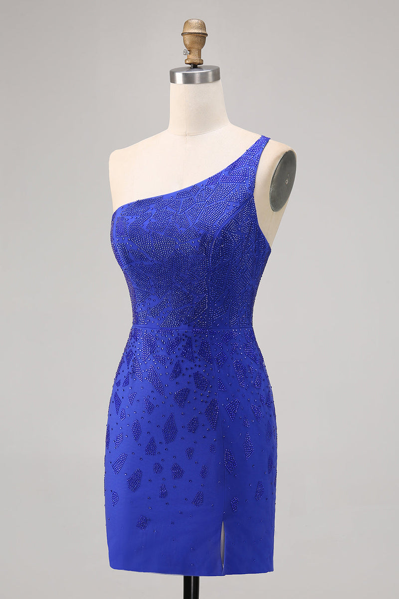 Load image into Gallery viewer, Sparkly Royal Blue Short One Shoulder Tight Homecoming Dress with Slit