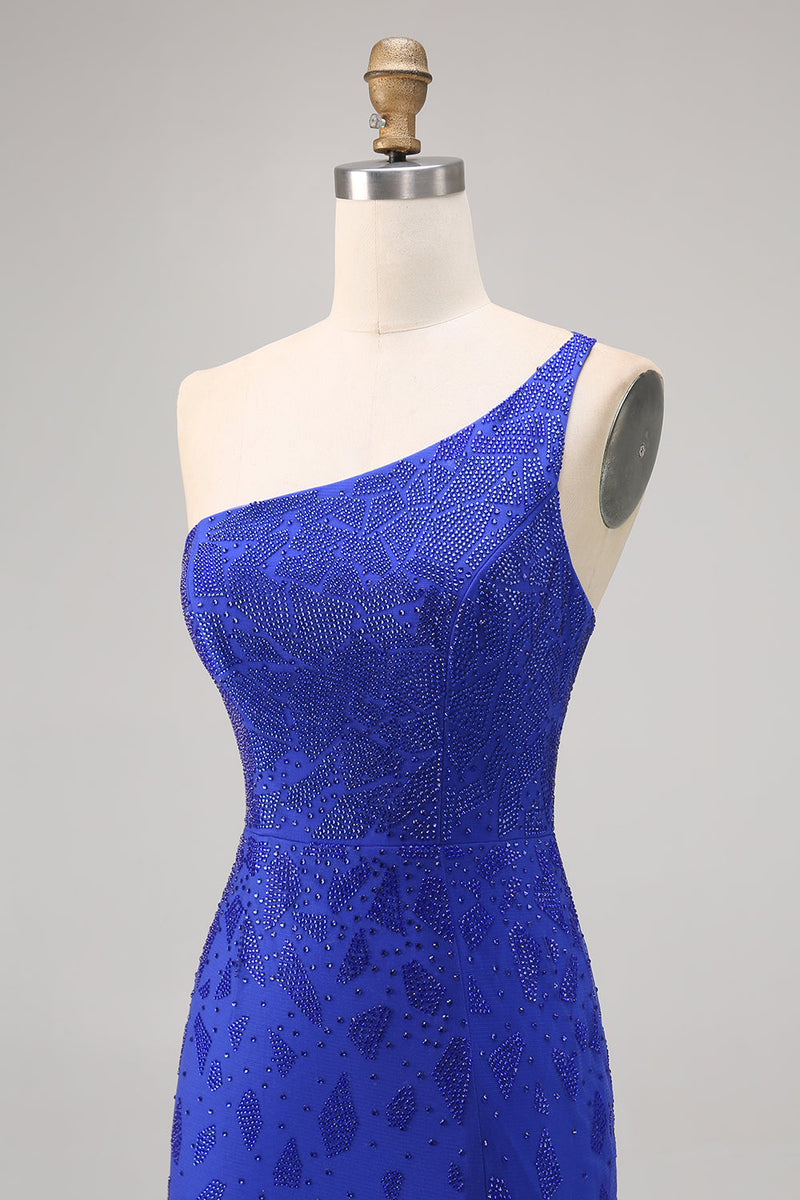 Load image into Gallery viewer, Sparkly Royal Blue Short One Shoulder Tight Homecoming Dress with Slit