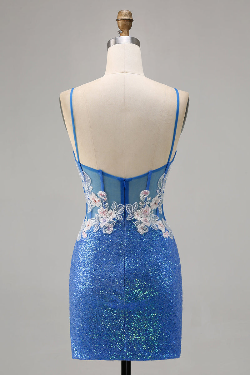 Load image into Gallery viewer, Sparkly Blue Floral Short Spaghetti Straps Homecoming Dress with Slit