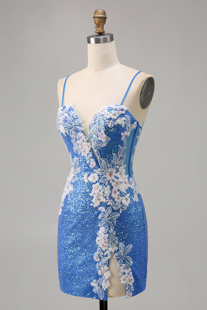 Load image into Gallery viewer, Sparkly Blue Floral Short Spaghetti Straps Homecoming Dress with Slit