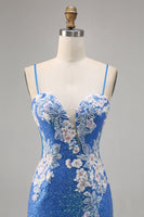 Load image into Gallery viewer, Sparkly Blue Floral Short Spaghetti Straps Homecoming Dress with Slit
