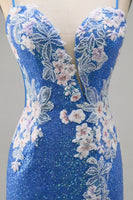 Load image into Gallery viewer, Sparkly Blue Floral Short Spaghetti Straps Homecoming Dress with Slit