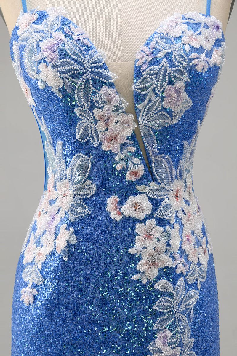 Load image into Gallery viewer, Sparkly Blue Floral Short Spaghetti Straps Homecoming Dress with Slit