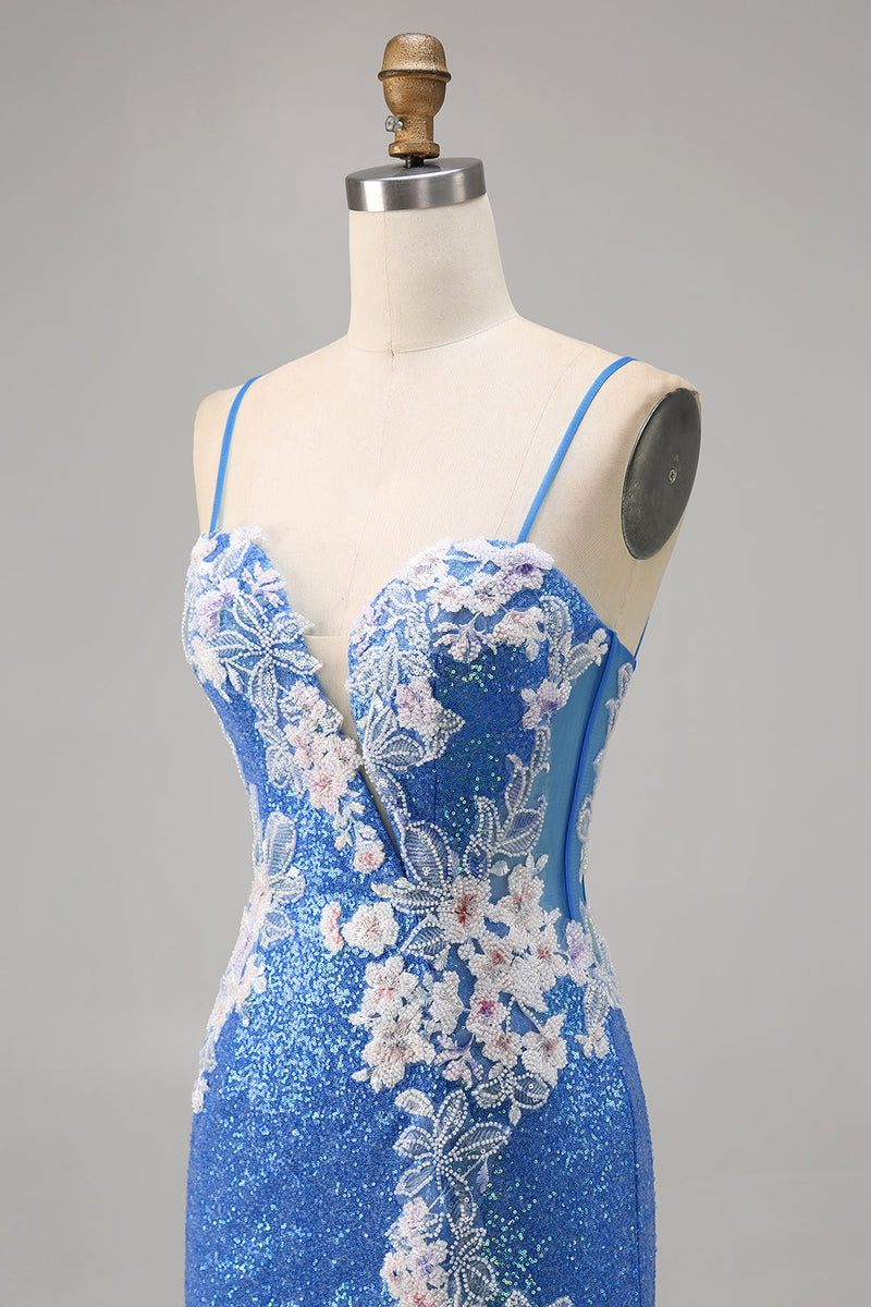 Load image into Gallery viewer, Sparkly Blue Floral Short Spaghetti Straps Homecoming Dress with Slit