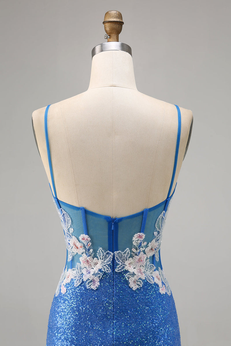 Load image into Gallery viewer, Sparkly Blue Floral Short Spaghetti Straps Homecoming Dress with Slit