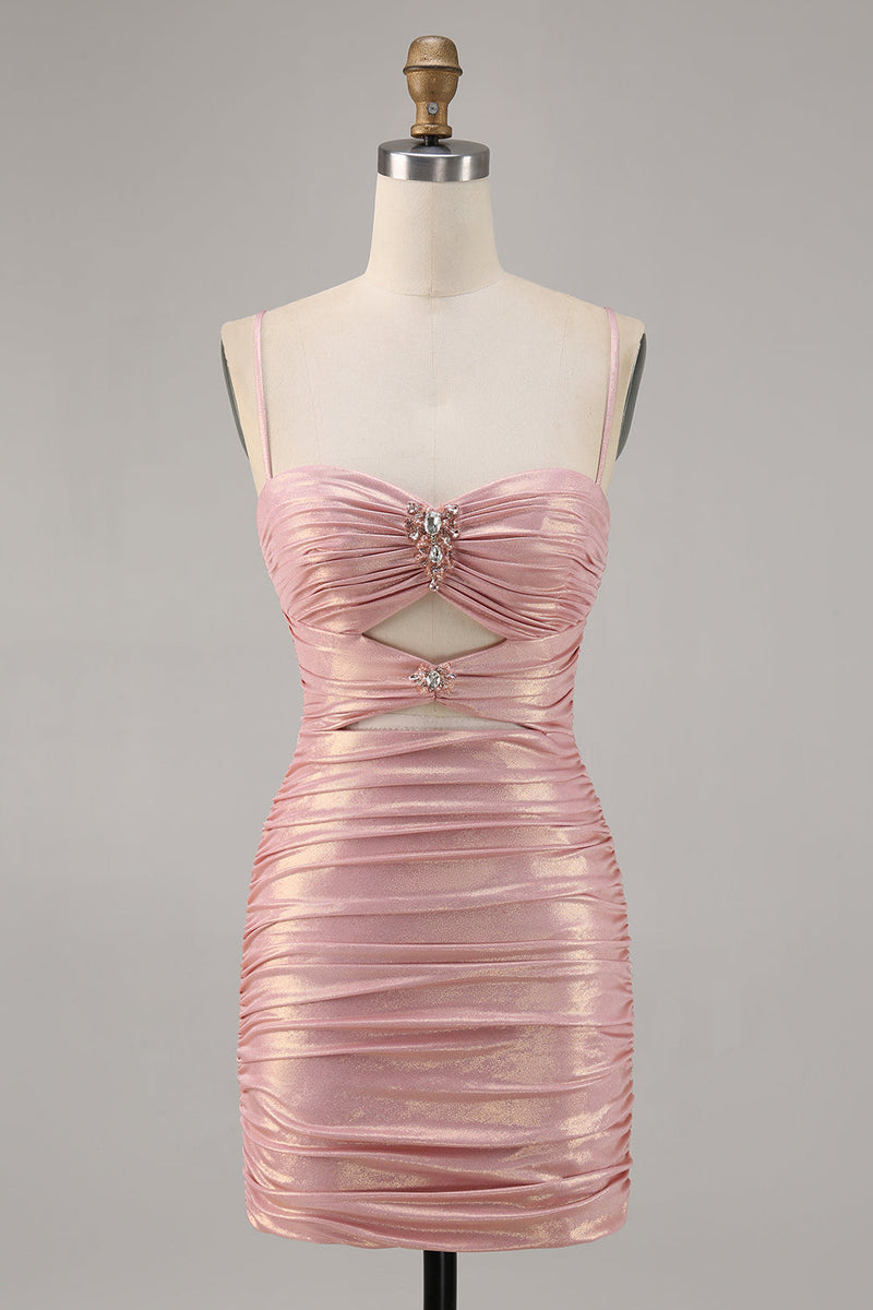 Load image into Gallery viewer, Spaghetti Straps Blush Short Metallic Cut Out Tight Homecoming Dress
