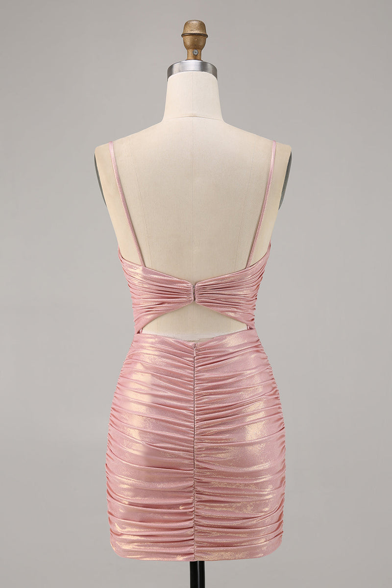 Load image into Gallery viewer, Spaghetti Straps Blush Short Metallic Cut Out Tight Homecoming Dress