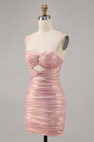 Load image into Gallery viewer, Spaghetti Straps Blush Short Metallic Cut Out Tight Homecoming Dress