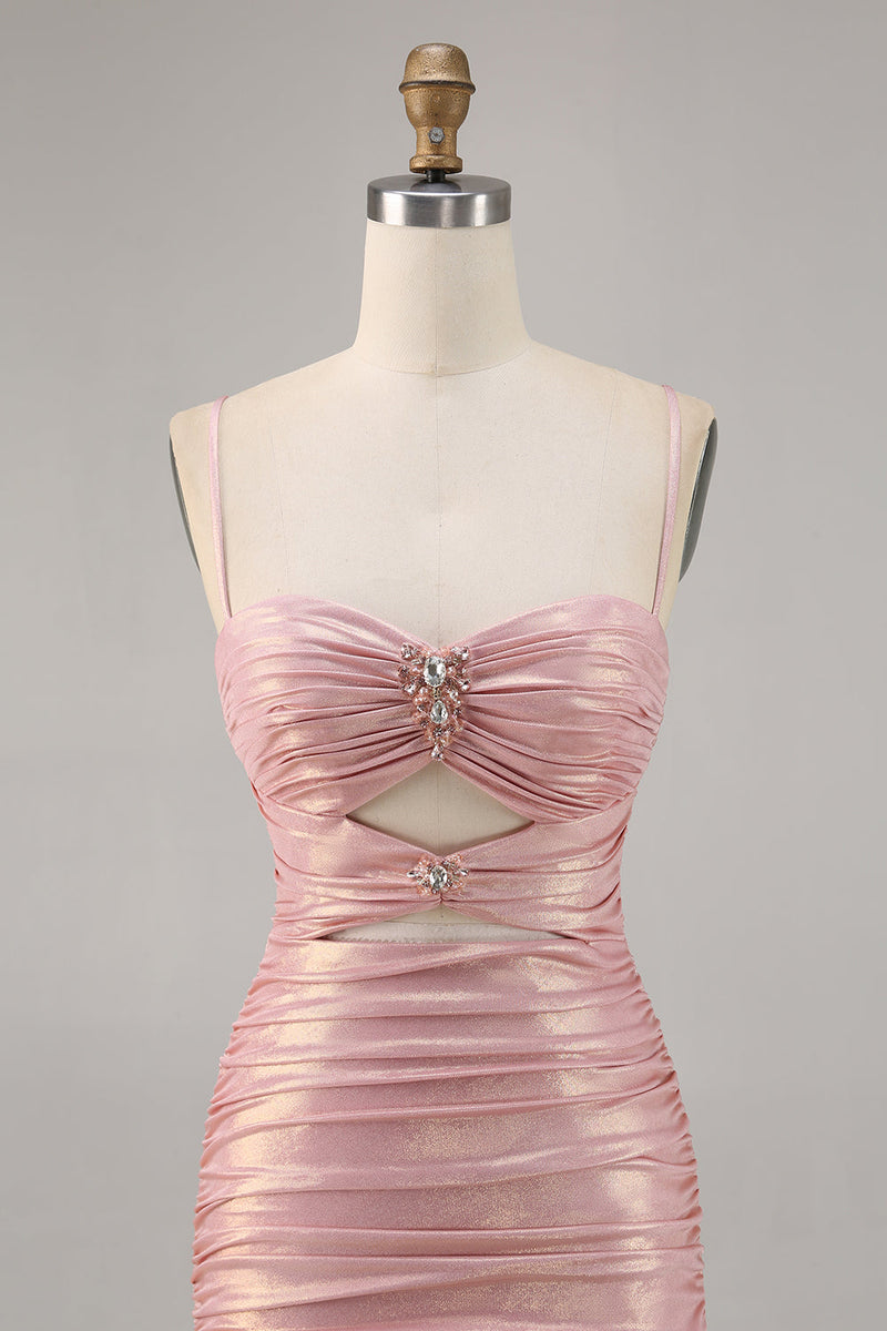 Load image into Gallery viewer, Spaghetti Straps Blush Short Metallic Cut Out Tight Homecoming Dress