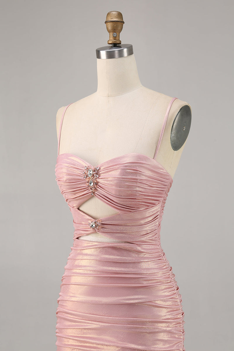 Load image into Gallery viewer, Spaghetti Straps Blush Short Metallic Cut Out Tight Homecoming Dress