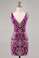 Load image into Gallery viewer, Sparkly Short Fuchsia V-Neck Tight Homecoming Dress with Beading