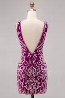 Load image into Gallery viewer, Sparkly Short Fuchsia V-Neck Tight Homecoming Dress with Beading