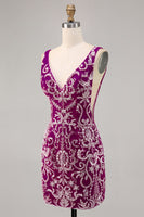 Load image into Gallery viewer, Sparkly Short Fuchsia V-Neck Tight Homecoming Dress with Beading