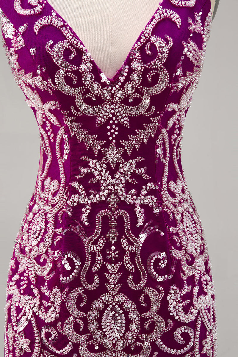 Load image into Gallery viewer, Sparkly Short Fuchsia V-Neck Tight Homecoming Dress with Beading