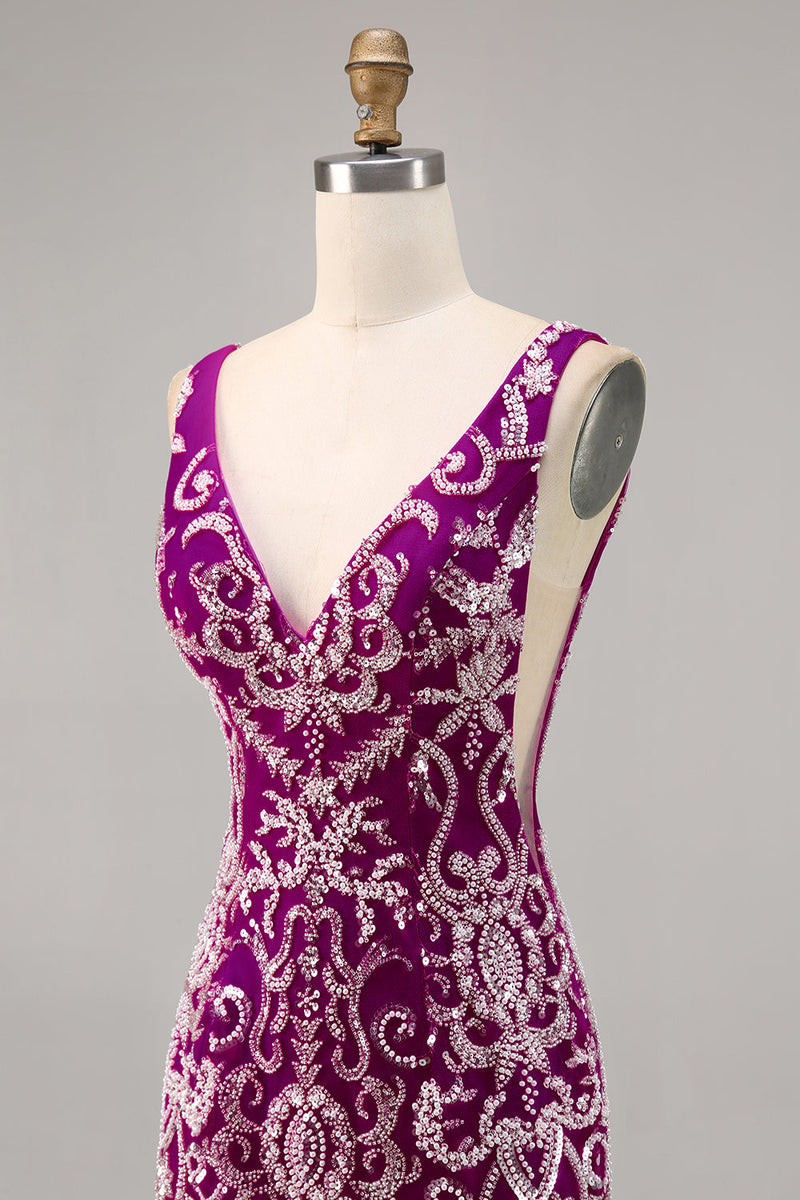Load image into Gallery viewer, Sparkly Short Fuchsia V-Neck Tight Homecoming Dress with Beading