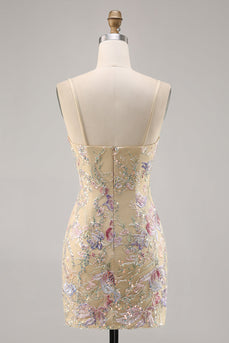 Spaghetti Straps Apricot Floral Short Tight Homecoming Dress