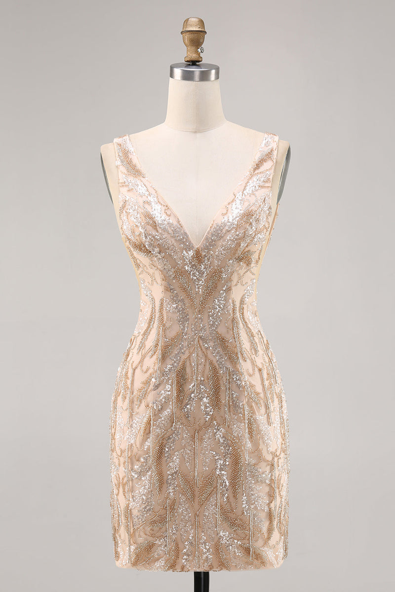 Load image into Gallery viewer, Sparkly V-Neck Champagne Short Sequin Tight Homecoming Dress
