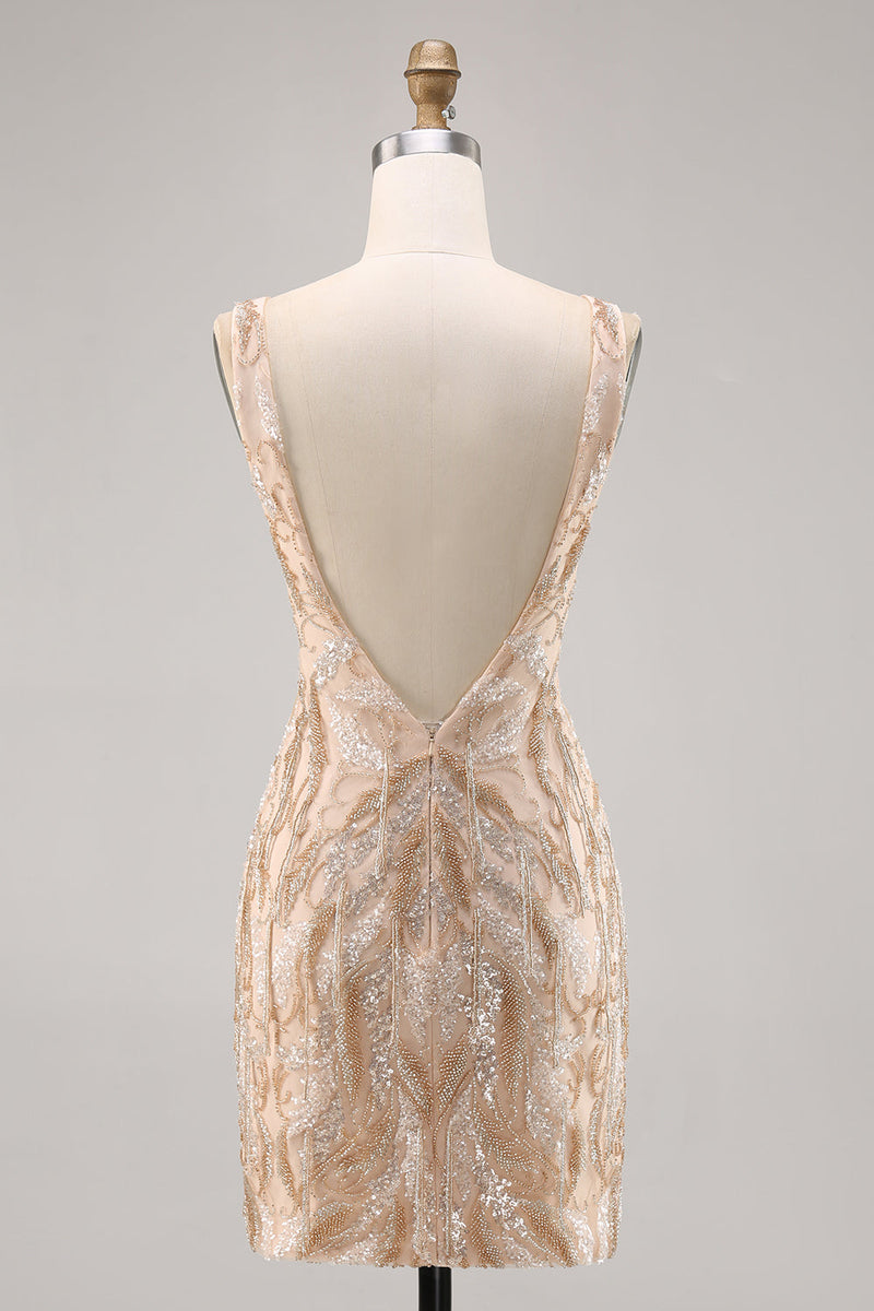 Load image into Gallery viewer, Sparkly V-Neck Champagne Short Sequin Tight Homecoming Dress