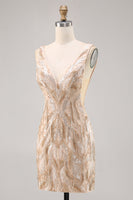 Load image into Gallery viewer, Sparkly V-Neck Champagne Short Sequin Tight Homecoming Dress
