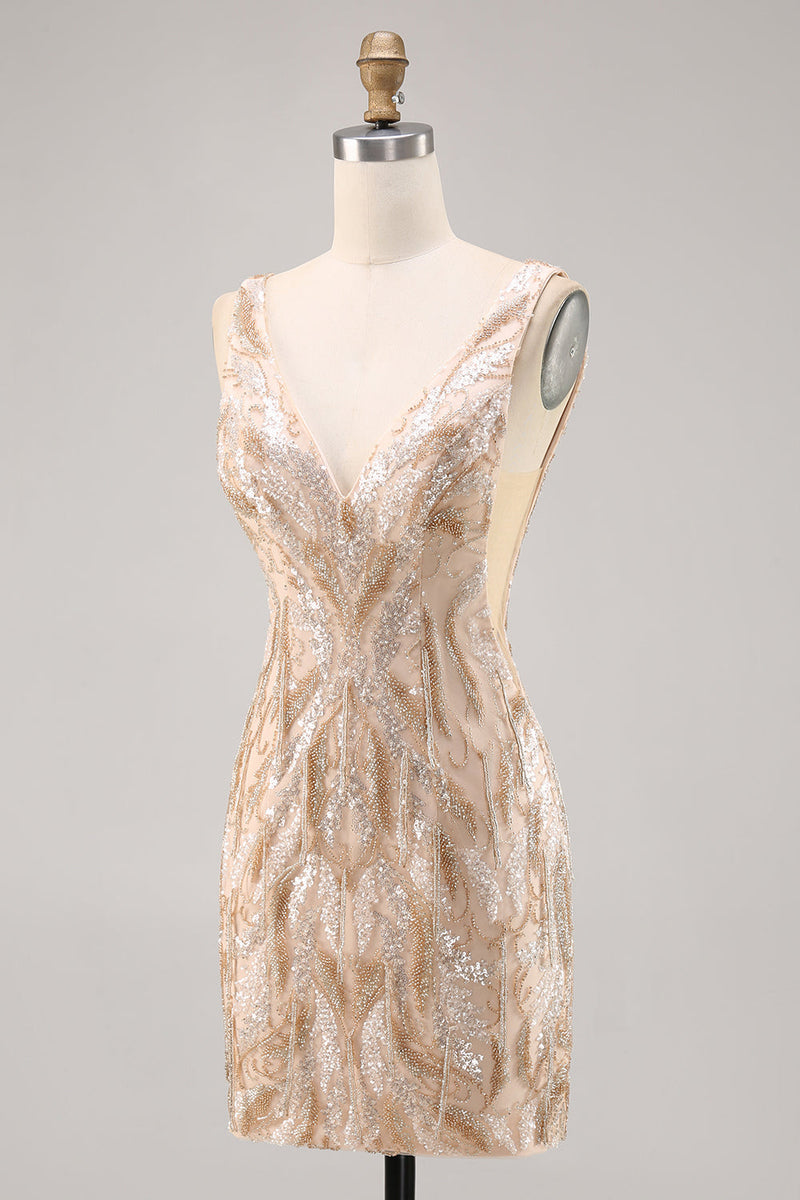 Load image into Gallery viewer, Sparkly V-Neck Champagne Short Sequin Tight Homecoming Dress
