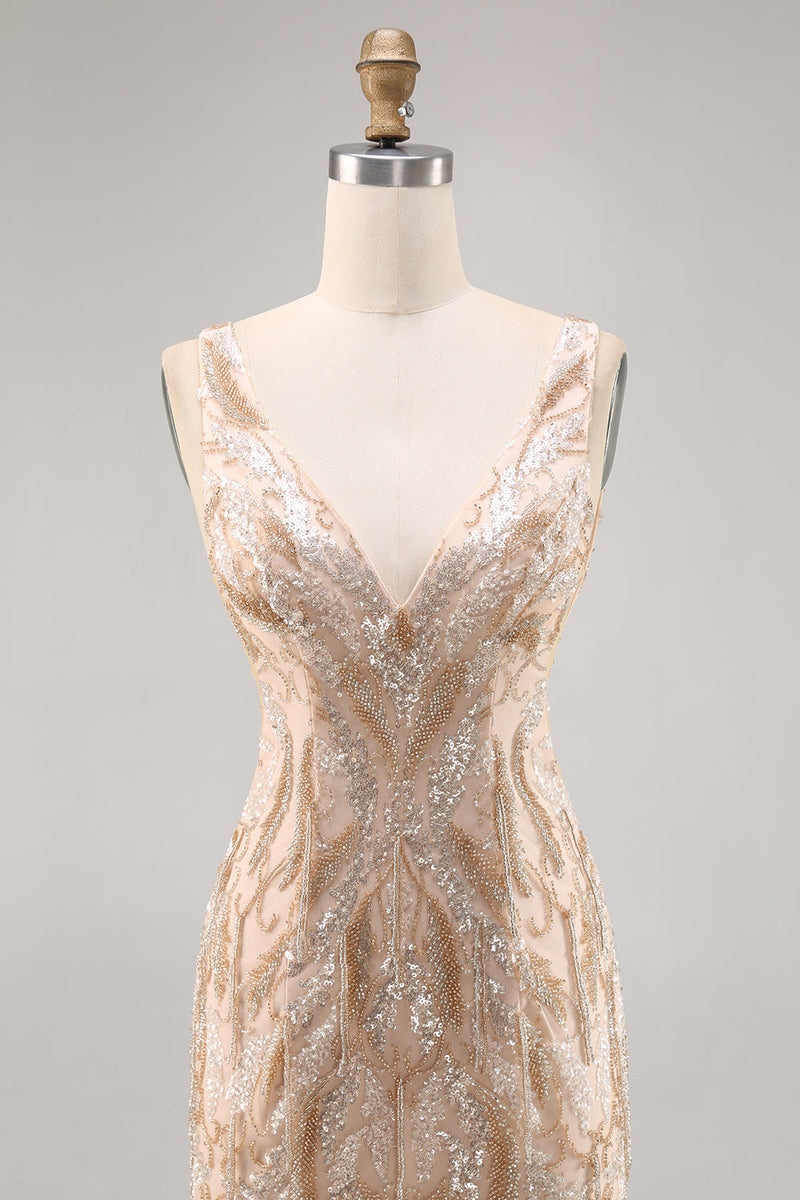 Load image into Gallery viewer, Sparkly V-Neck Champagne Short Sequin Tight Homecoming Dress